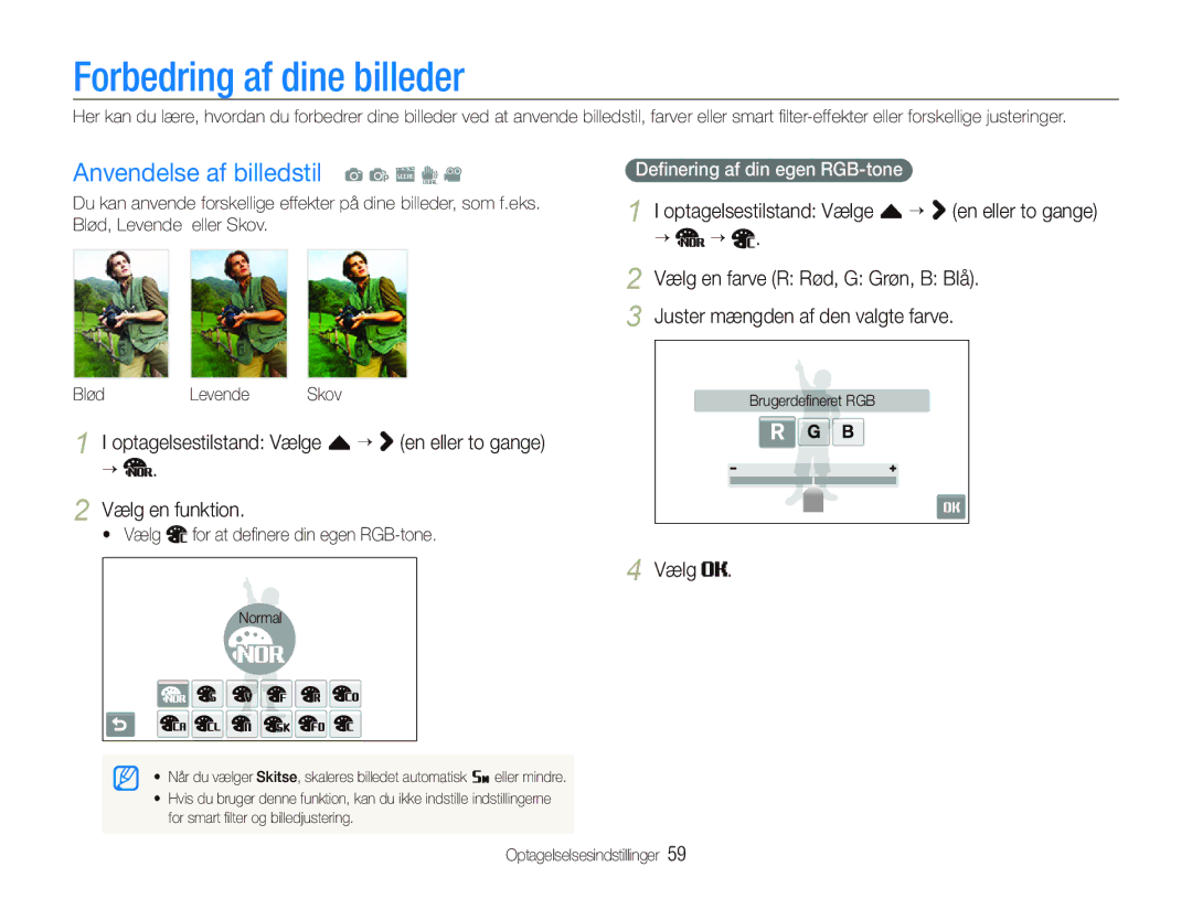 Samsung EC-ST500ZBPRE2 manual Forbedring af dine billeder, Anvendelse af billedstil a p s d, Deﬁnering af din egen RGB-tone 