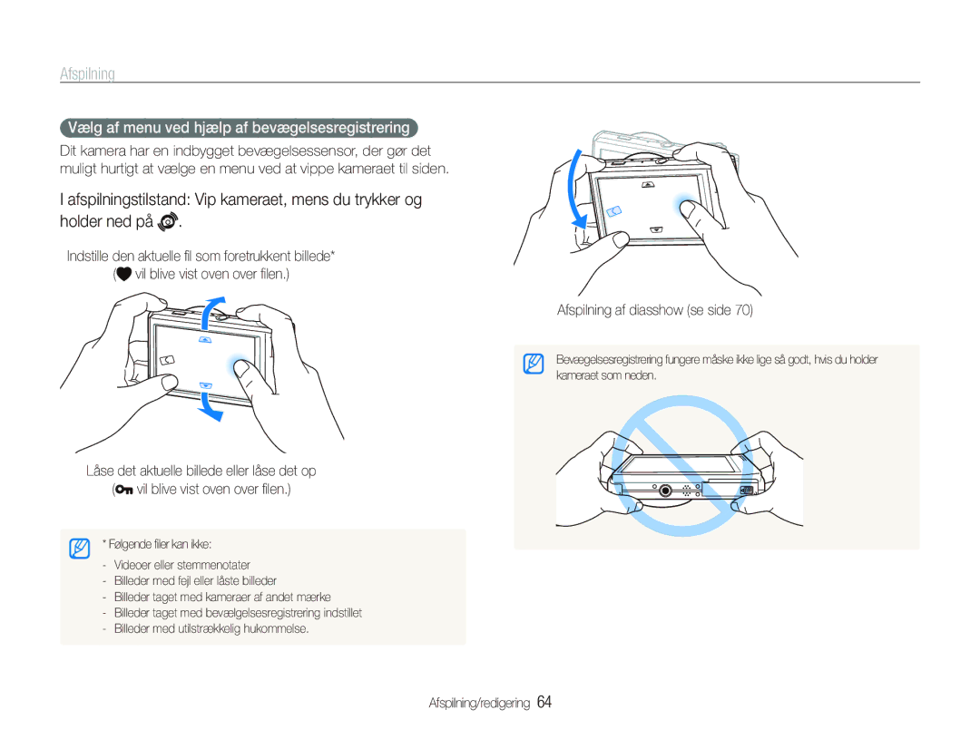 Samsung EC-ST500ZBPRE2 manual Vælg af menu ved hjælp af bevægelsesregistrering, Afspilning af diasshow se side 