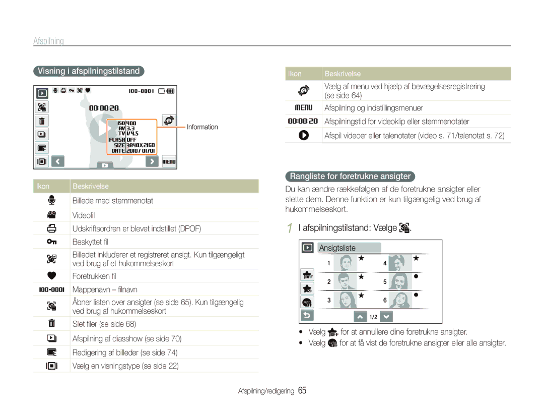 Samsung EC-ST5000BPAE2 manual Afspilningstilstand Vælge, Rangliste for foretrukne ansigter, Visning i afspilningstilstand 
