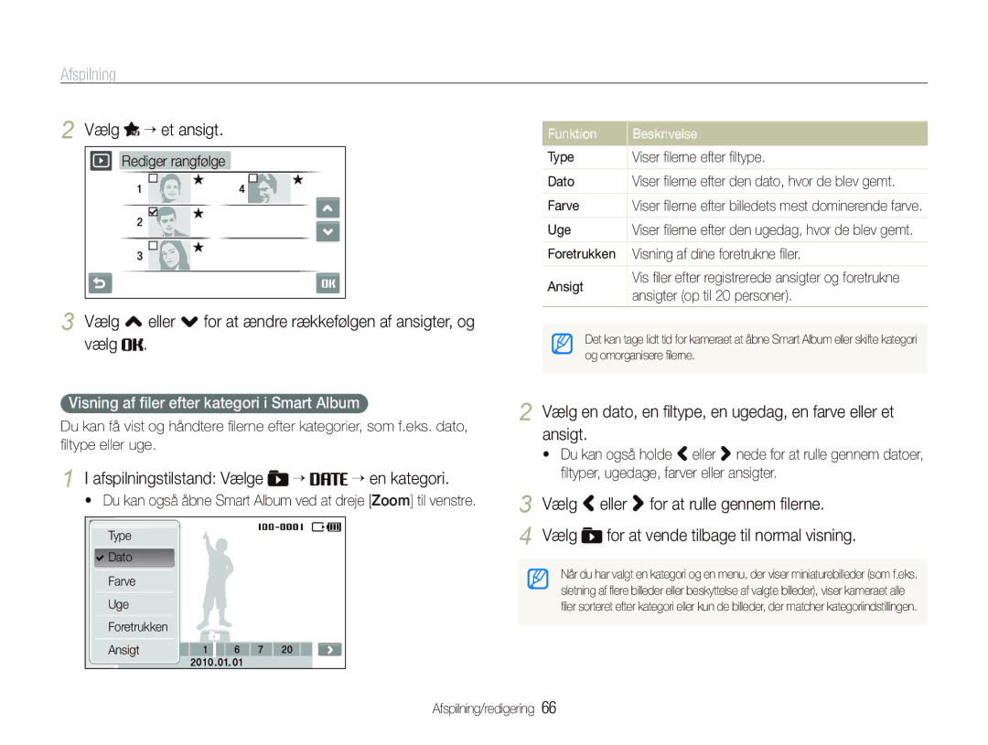 Samsung EC-ST500ZBPUE2, EC-ST500ZBPRE2 manual Vælg “ et ansigt, Vælg , eller . for at ændre rækkefølgen af ansigter, og 