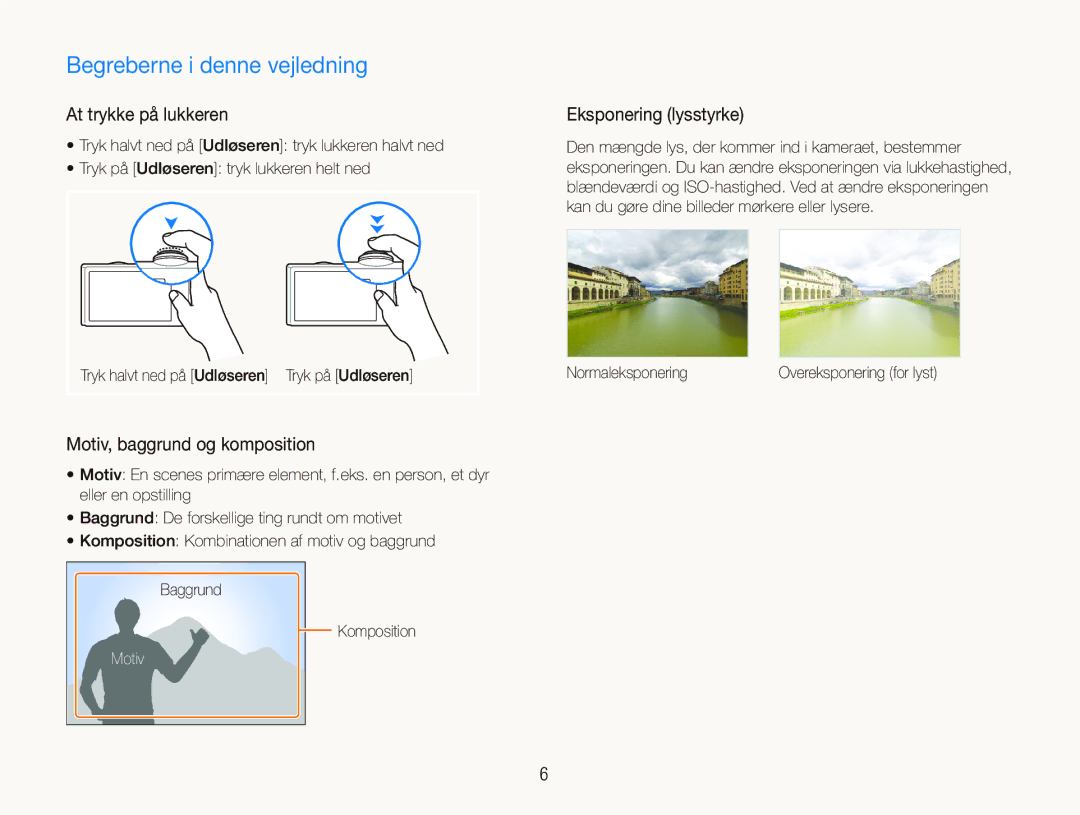 Samsung EC-ST500ZBPUE2 manual Begreberne i denne vejledning, At trykke på lukkeren, Motiv, baggrund og komposition 