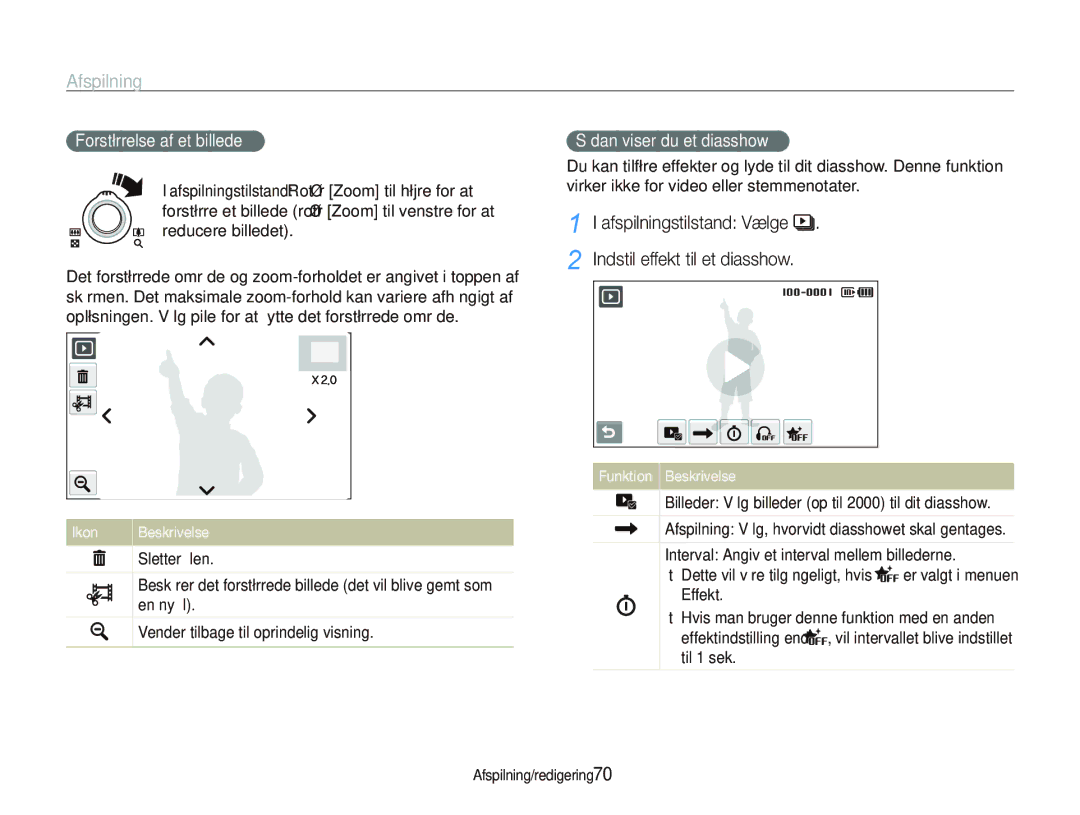 Samsung EC-ST5000BPAE2 manual Afspilningstilstand Vælge Indstil effekt til et diasshow, Forstørrelse af et billede 