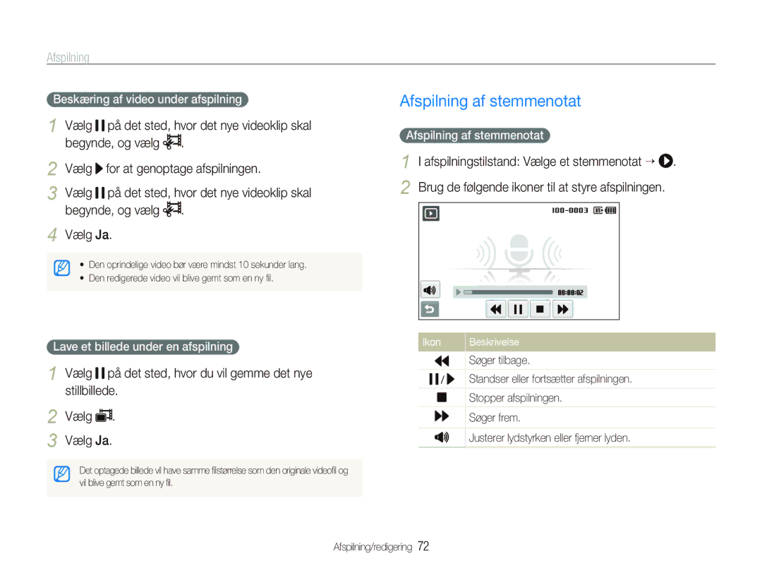 Samsung EC-ST5000BPBE2, EC-ST500ZBPRE2 manual Afspilning af stemmenotat, Vælg Ja, Beskæring af video under afspilning 