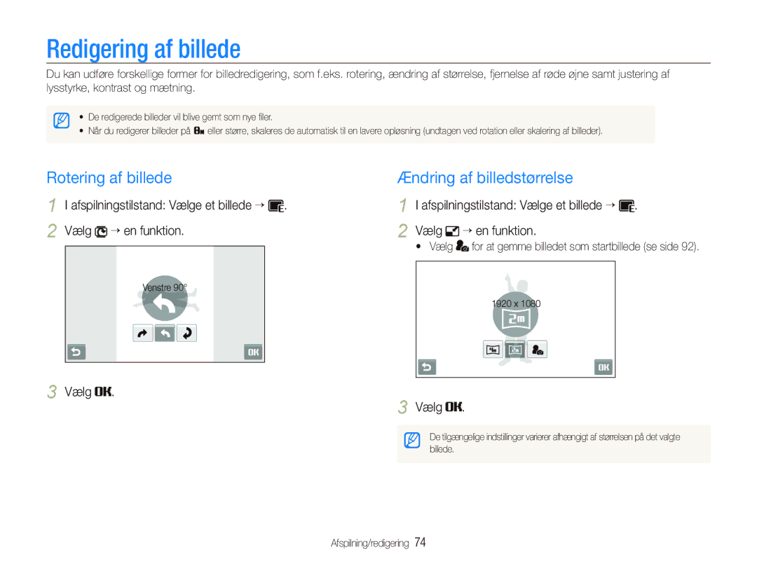 Samsung EC-ST500ZBPRE2, EC-ST5000BPAE2 manual Redigering af billede, Rotering af billede Ændring af billedstørrelse,  Vælg 