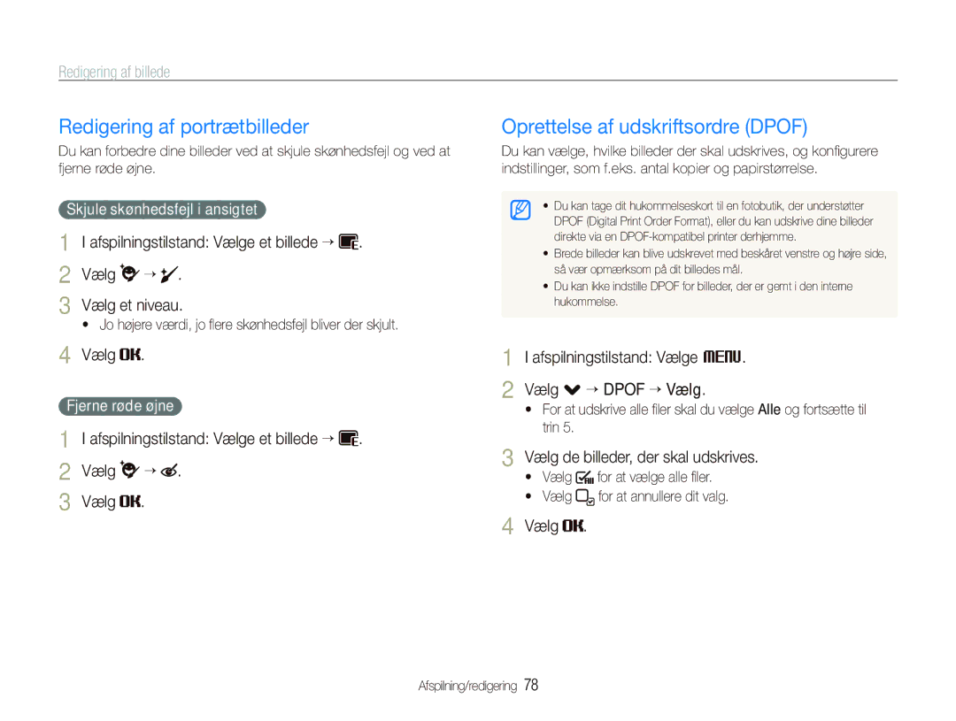 Samsung EC-ST500ZBPSE2 manual Redigering af portrætbilleder, Oprettelse af udskriftsordre Dpof, Vælg Vælg et niveau 