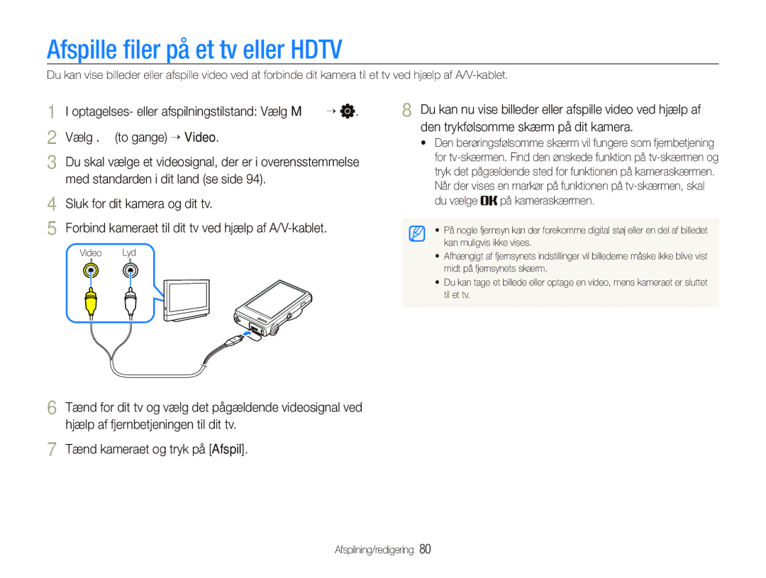 Samsung EC-ST5000BPAE2, EC-ST500ZBPRE2, EC-ST500ZBPUE2 manual Afspille ﬁler på et tv eller Hdtv, Du vælge på kameraskærmen 