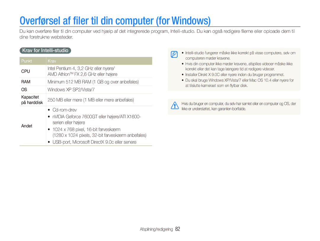 Samsung EC-ST5000BPBE2 manual Overførsel af ﬁler til din computer for Windows, Krav for Intelli-studio, Punkt Krav 