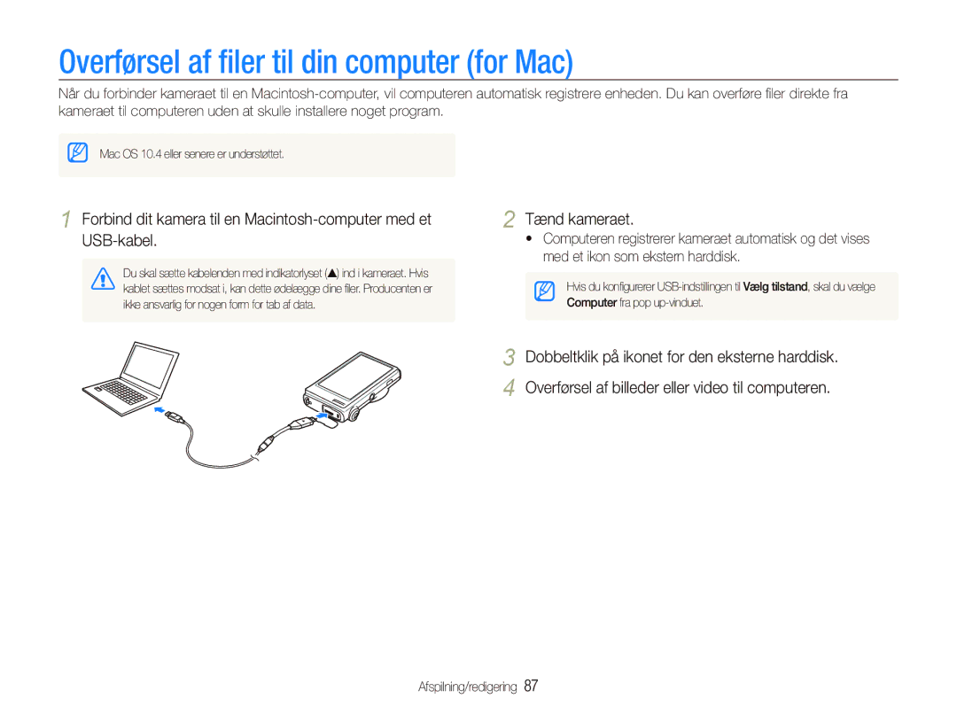 Samsung EC-ST5000BPBE2, EC-ST500ZBPRE2, EC-ST5000BPAE2, EC-ST500ZBPUE2 manual Overførsel af ﬁler til din computer for Mac 