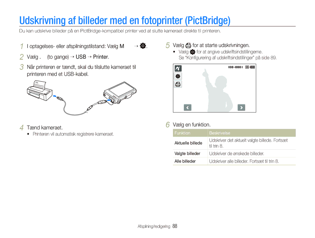 Samsung EC-ST500ZBPSE2 Udskrivning af billeder med en fotoprinter PictBridge, Vælg for at starte udskrivningen, Til trin 