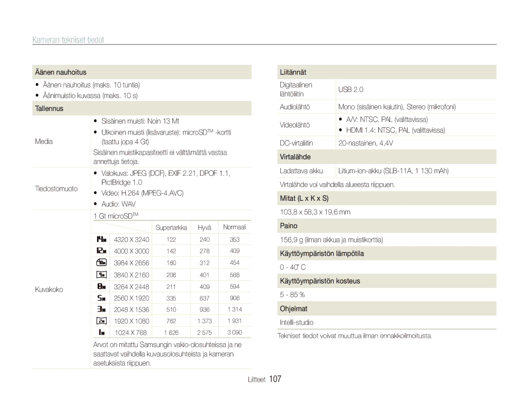 Samsung EC-ST5000BPBE2 Liitännät, Digitaalinen USB, Lähtöliitin, Videolähtö, DC-virtaliitin Nastainen, 4,4V, 40˚ C, 85 % 