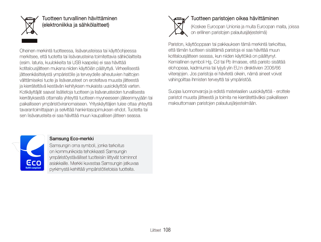 Samsung EC-ST500ZBPSE2, EC-ST500ZBPRE2, EC-ST5000BPAE2 manual Tuotteen paristojen oikea hävittäminen, Samsung Eco-merkki 