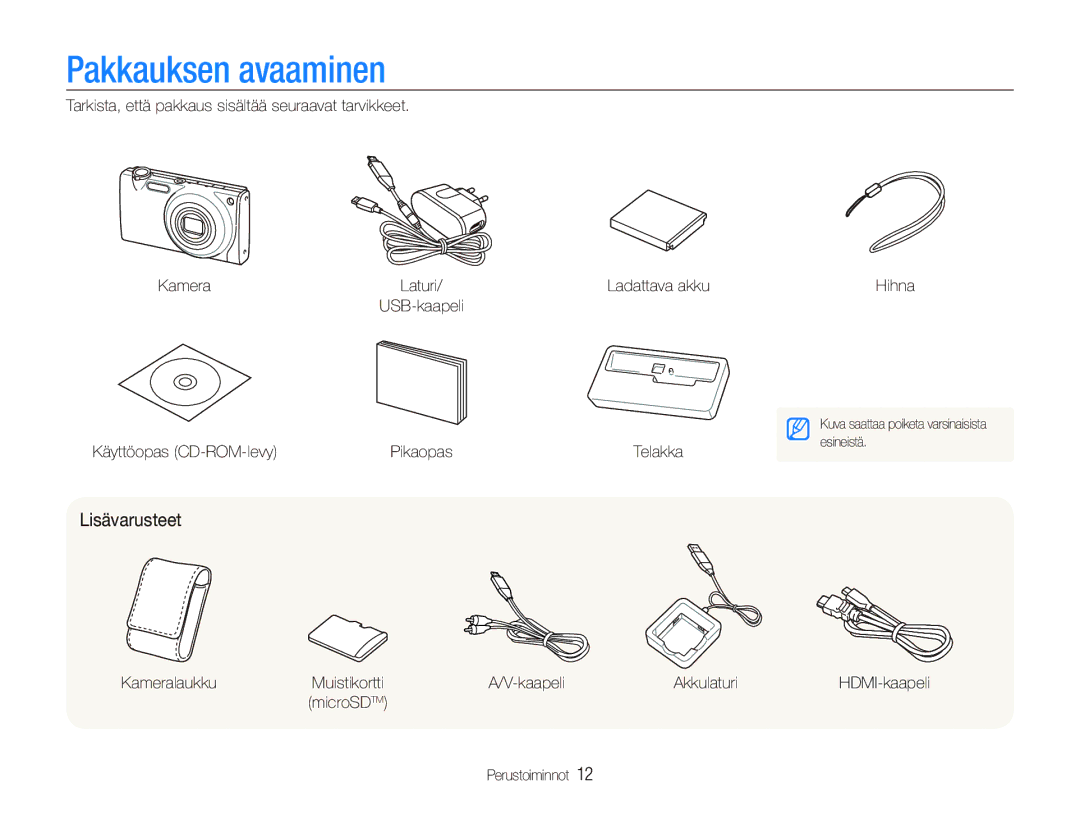 Samsung EC-ST5000BPBE2, EC-ST500ZBPRE2, EC-ST5000BPAE2, EC-ST500ZBPUE2, EC-ST500ZBPSE2 Pakkauksen avaaminen, Lisävarusteet 