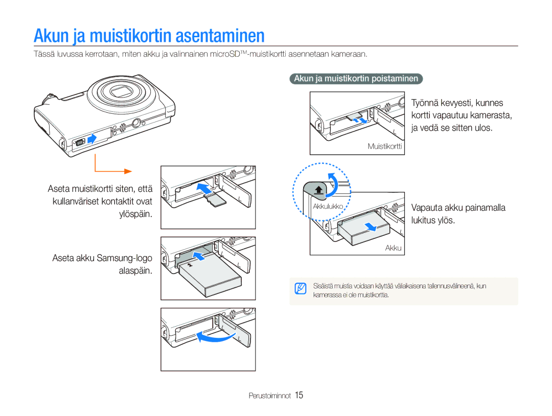 Samsung EC-ST5000BPAE2, EC-ST500ZBPRE2 Akun ja muistikortin asentaminen, Lukitus ylös, Akun ja muistikortin poistaminen 