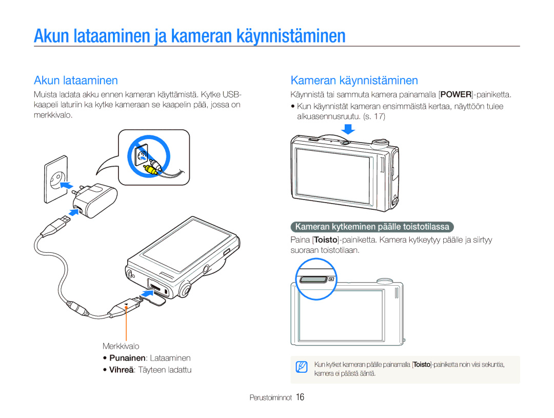 Samsung EC-ST500ZBPUE2 manual Akun lataaminen ja kameran käynnistäminen, Kameran käynnistäminen, Alkuasennusruutu. s 