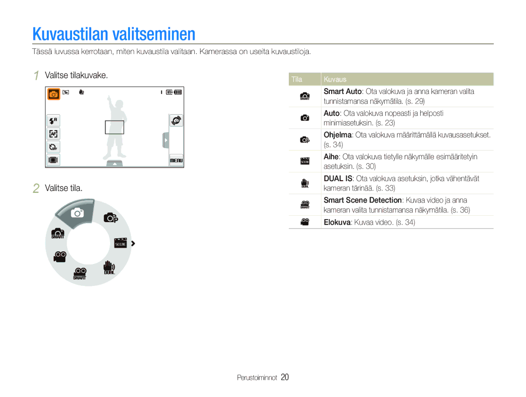 Samsung EC-ST5000BPAE2 manual Kuvaustilan valitseminen, Valitse tilakuvake, Tila, Elokuva Kuvaa video. s Perustoiminnot 