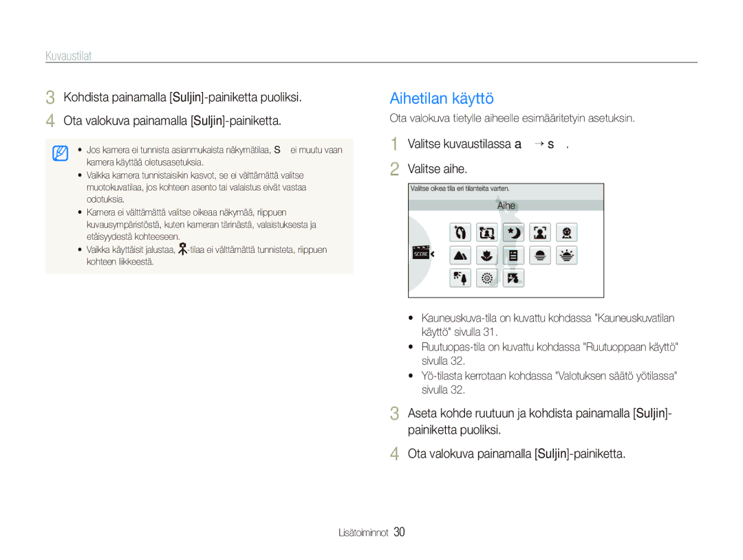 Samsung EC-ST5000BPAE2, EC-ST500ZBPRE2 manual Aihetilan käyttö, Kuvaustilat, Valitse kuvaustilassa a ““s Valitse aihe 