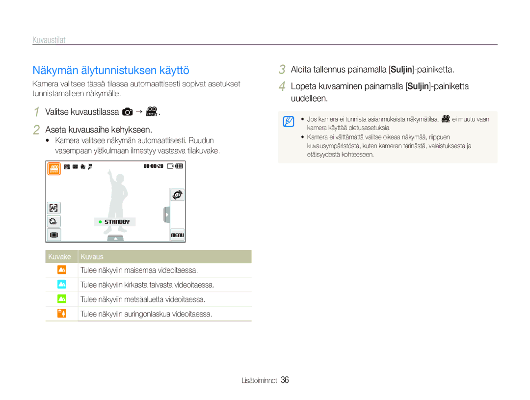 Samsung EC-ST500ZBPUE2 manual Näkymän älytunnistuksen käyttö, Valitse kuvaustilassa a “ D Aseta kuvausaihe kehykseen 