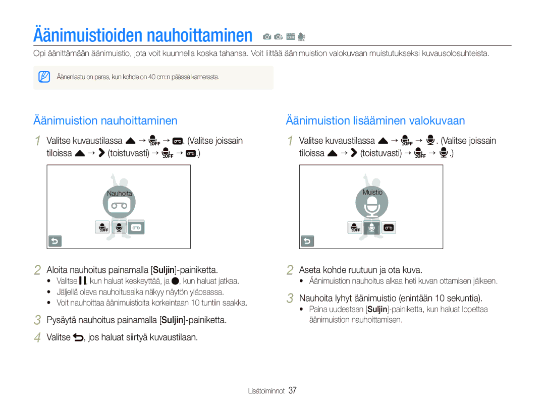 Samsung EC-ST5000BPBE2, EC-ST500ZBPRE2, EC-ST5000BPAE2 Äänimuistioiden nauhoittaminen a p s d, Äänimuistion nauhoittaminen 