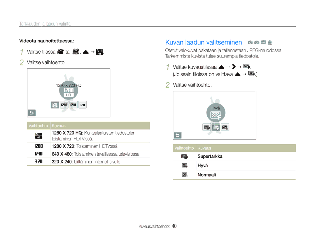 Samsung EC-ST5000BPAE2 manual Kuvan laadun valitseminen a p s d, Tarkkuuden ja laadun valinta, Videota nauhoitettaessa 