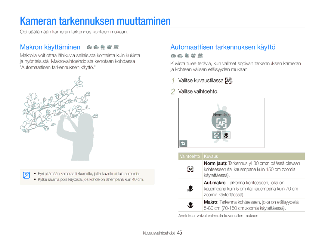 Samsung EC-ST5000BPAE2 Kameran tarkennuksen muuttaminen, Makron käyttäminen a p d v D, Automaattisen tarkennuksen käyttö 