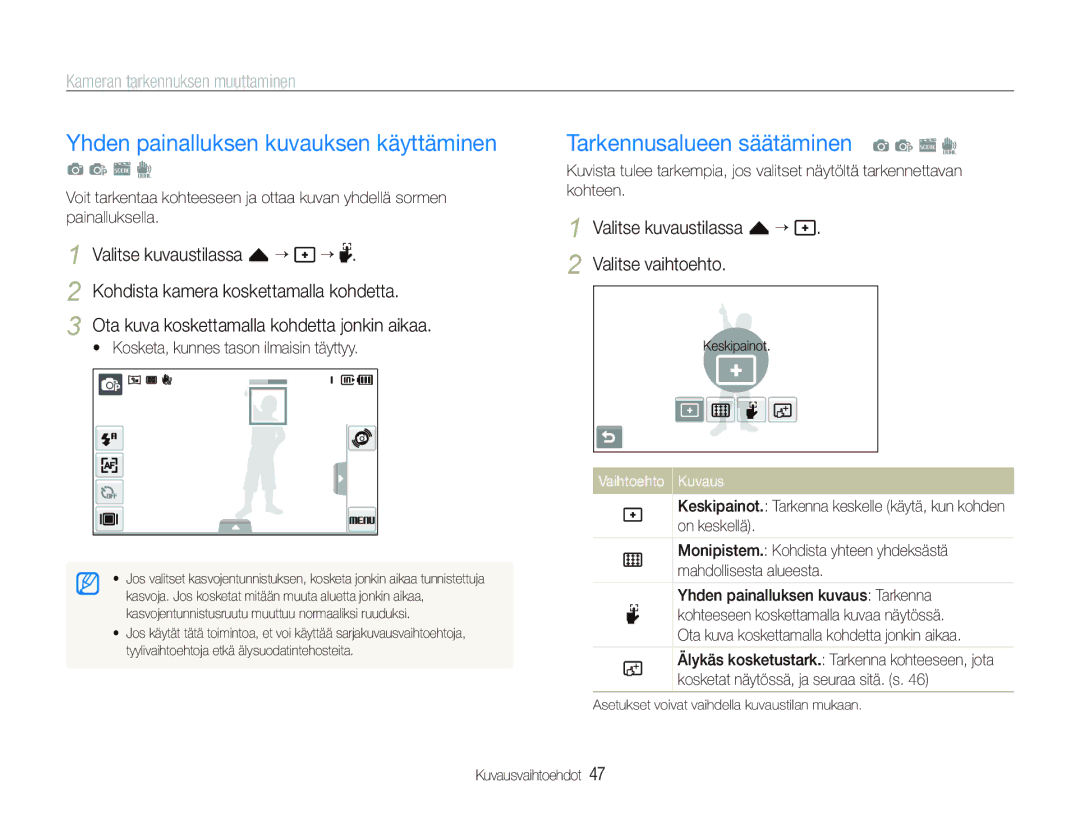 Samsung EC-ST5000BPBE2, EC-ST500ZBPRE2 manual Yhden painalluksen kuvauksen käyttäminen, Tarkennusalueen säätäminen a p s d 