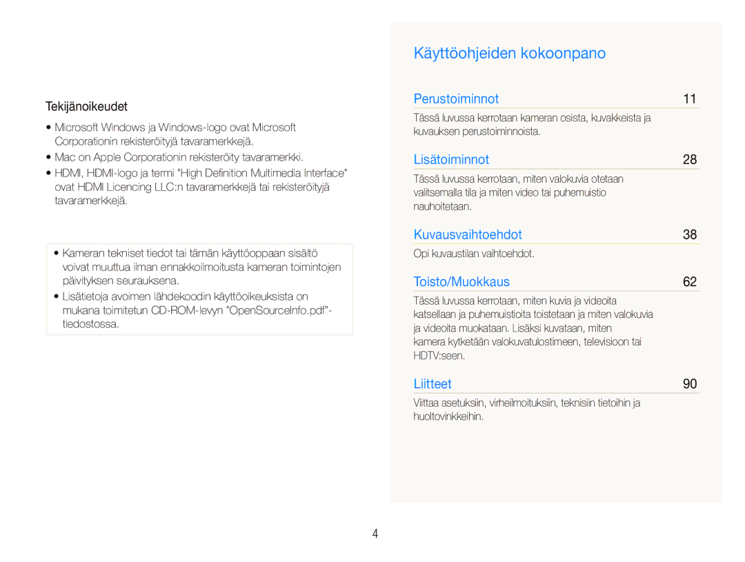 Samsung EC-ST500ZBPRE2, EC-ST5000BPAE2, EC-ST500ZBPUE2, EC-ST5000BPBE2 manual Käyttöohjeiden kokoonpano, Tekijänoikeudet 