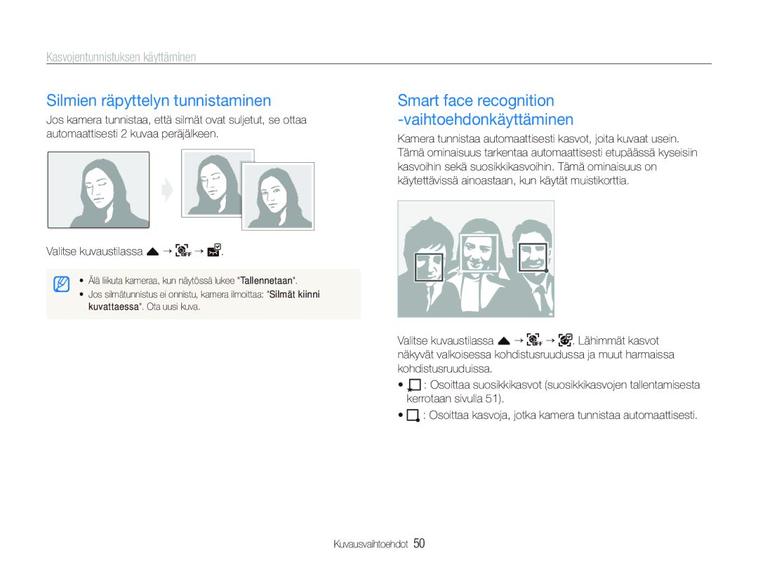 Samsung EC-ST5000BPAE2, EC-ST500ZBPRE2 Silmien räpyttelyn tunnistaminen, Smart face recognition Vaihtoehdonkäyttäminen 