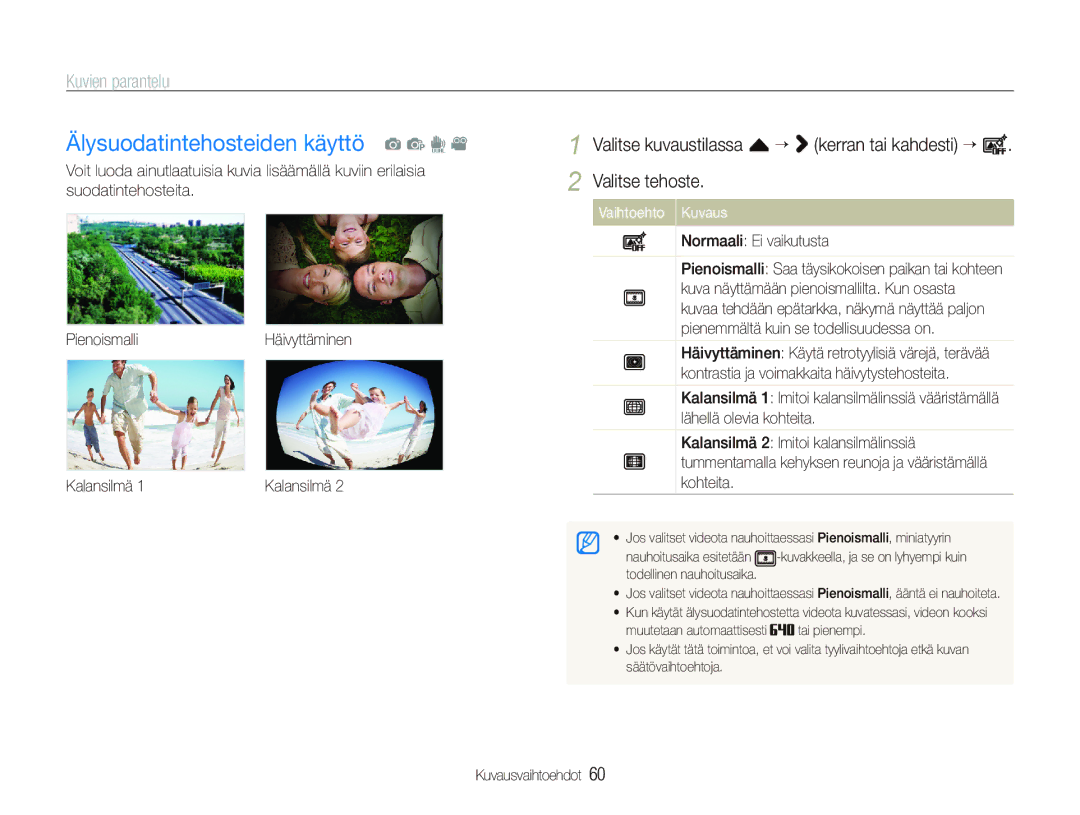 Samsung EC-ST5000BPAE2, EC-ST500ZBPRE2 manual Älysuodatintehosteiden käyttö a p d, Kuvien parantelu, Normaali Ei vaikutusta 