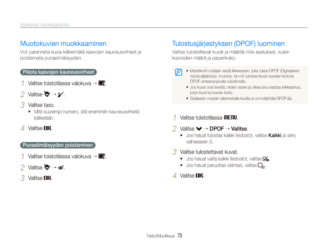 Samsung EC-ST500ZBPSE2 manual Muotokuvien muokkaaminen, Tulostusjärjestyksen Dpof luominen, Valitse tulostettavat kuvat 