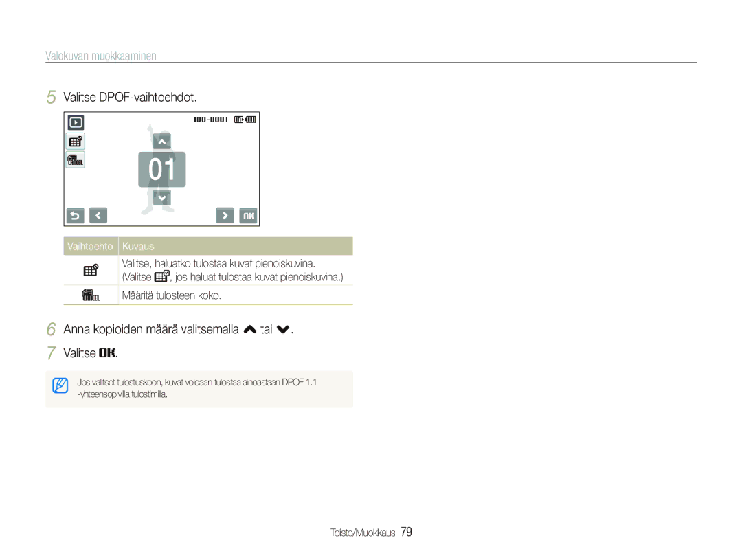 Samsung EC-ST500ZBPRE2, EC-ST5000BPAE2 manual Valitse DPOF-vaihtoehdot, Anna kopioiden määrä valitsemalla , tai Valitse 