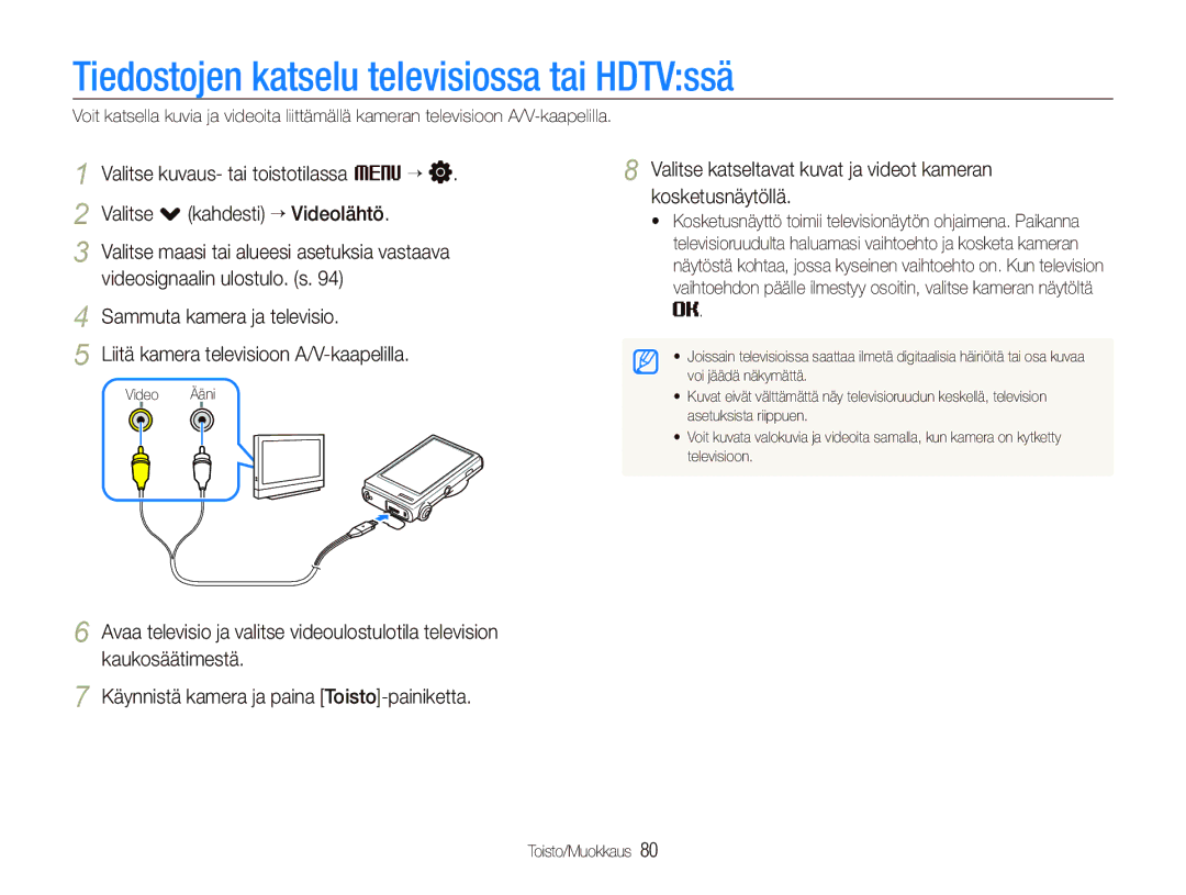 Samsung EC-ST5000BPAE2, EC-ST500ZBPRE2, EC-ST500ZBPUE2, EC-ST5000BPBE2 manual Tiedostojen katselu televisiossa tai HDTVssä 