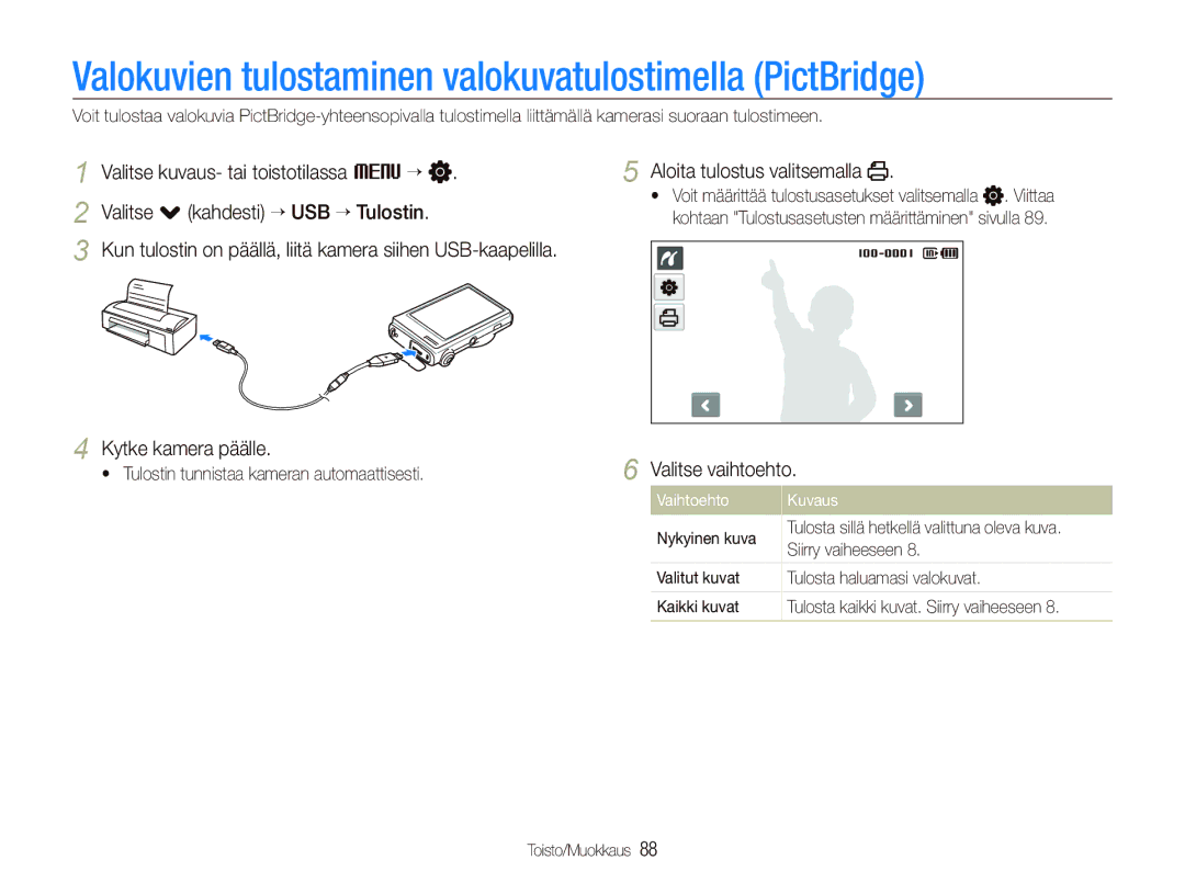 Samsung EC-ST500ZBPSE2 manual Valokuvien tulostaminen valokuvatulostimella PictBridge, Aloita tulostus valitsemalla 