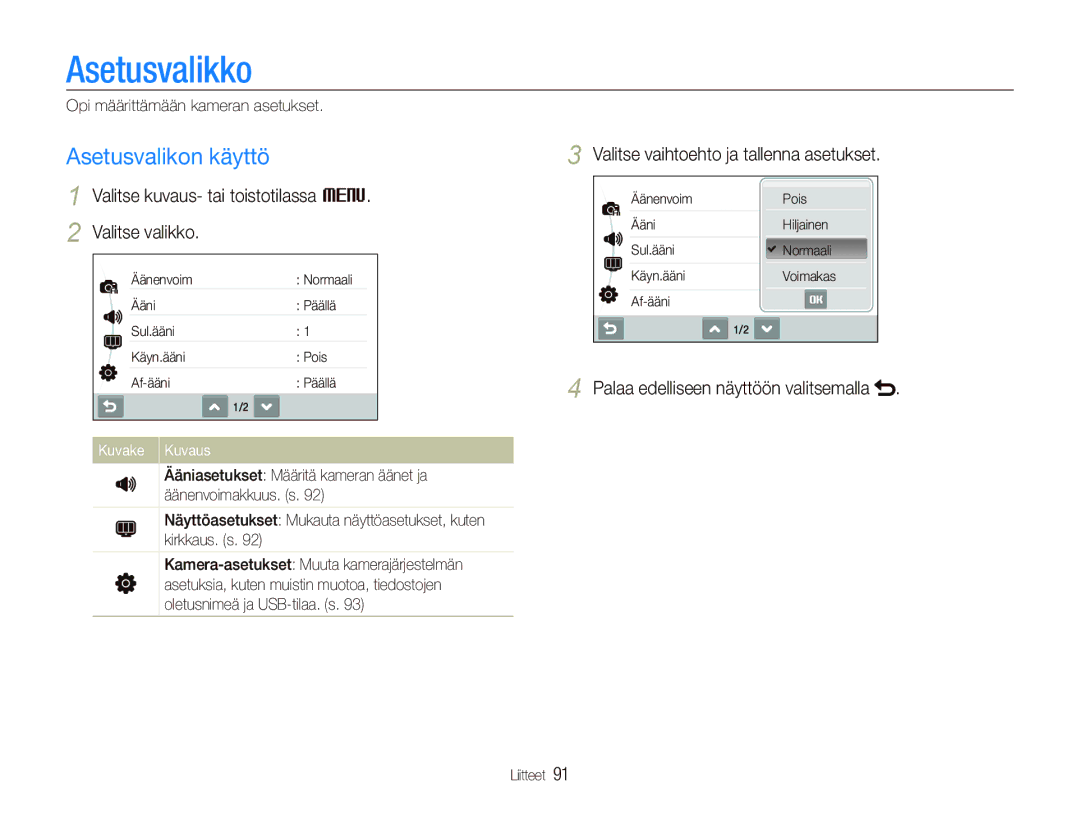 Samsung EC-ST500ZBPUE2 manual Asetusvalikko, Asetusvalikon käyttö, Valitse kuvaus- tai toistotilassa M Valitse valikko 