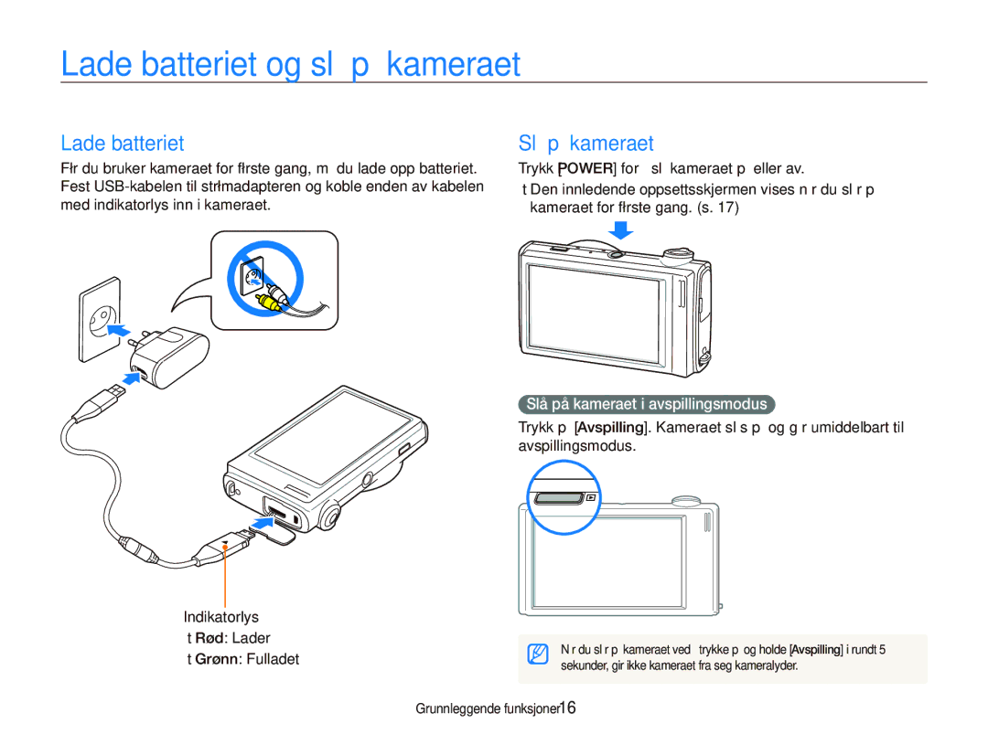 Samsung EC-ST500ZBPUE2, EC-ST500ZBPRE2 manual Lade batteriet og slå på kameraet, Slå på kameraet i avspillingsmodus 