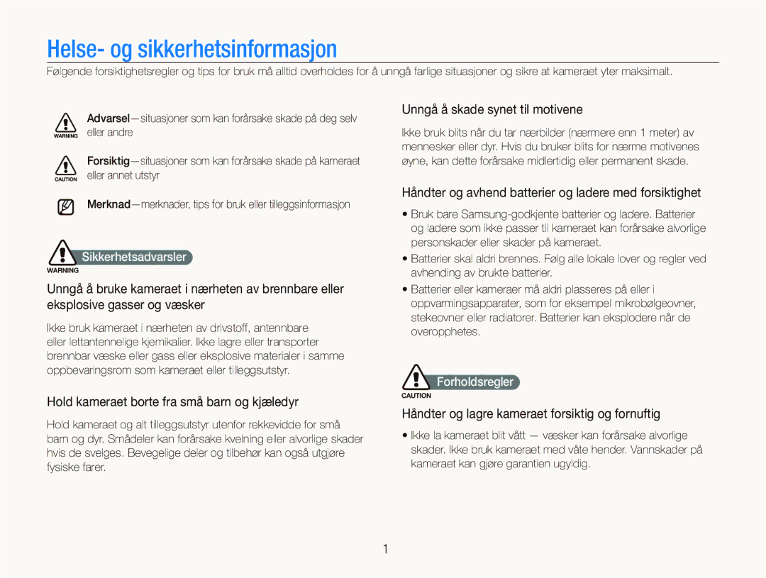 Samsung EC-ST500ZBPUE2 manual Unngå å skade synet til motivene, Håndter og avhend batterier og ladere med forsiktighet 