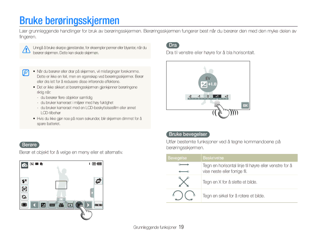 Samsung EC-ST500ZBPRE2, EC-ST5000BPAE2 manual Bruke berøringsskjermen, Dra, Berøre, Bruke bevegelser, Bevegelse Beskrivelse 