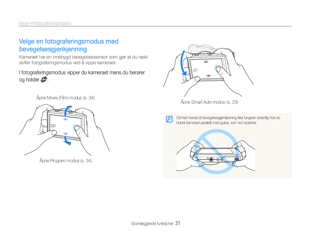 Samsung EC-ST500ZBPUE2 manual Velge en fotograferingsmodus med bevegelsesgjenkjenning, Velge et fotograferingsmodus 