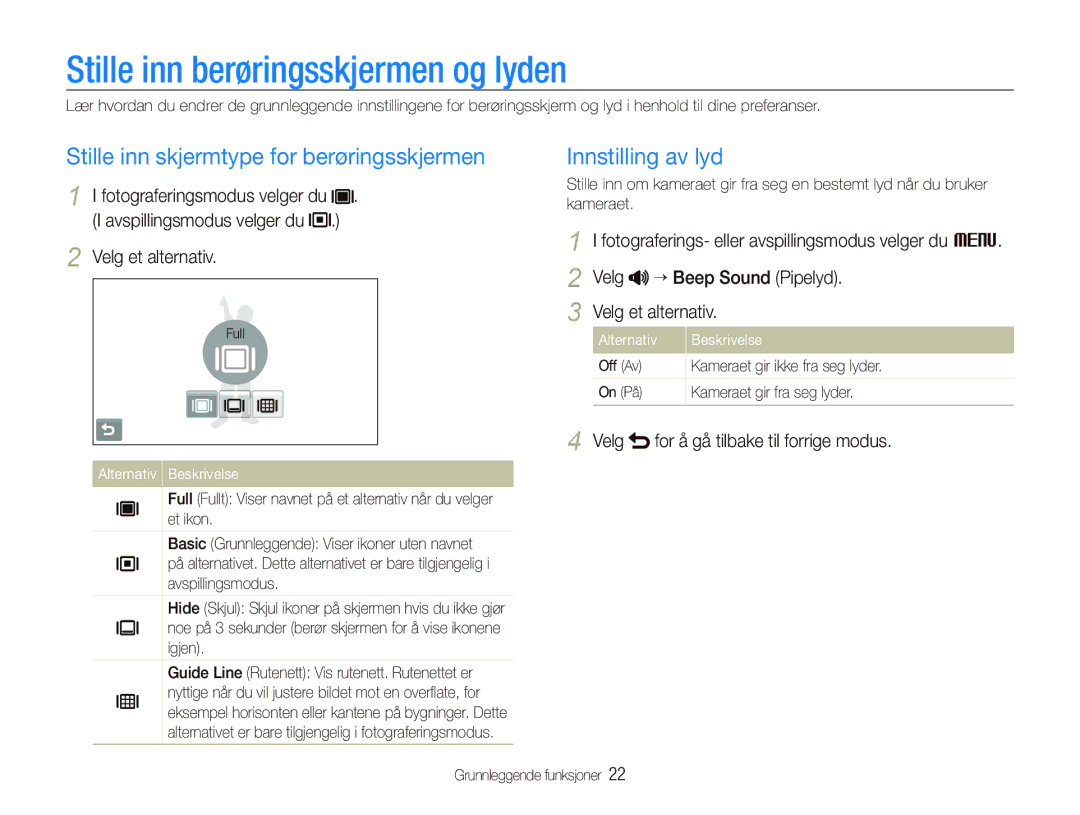 Samsung EC-ST5000BPBE2 manual Stille inn berøringsskjermen og lyden, Stille inn skjermtype for berøringsskjermen, Velg 