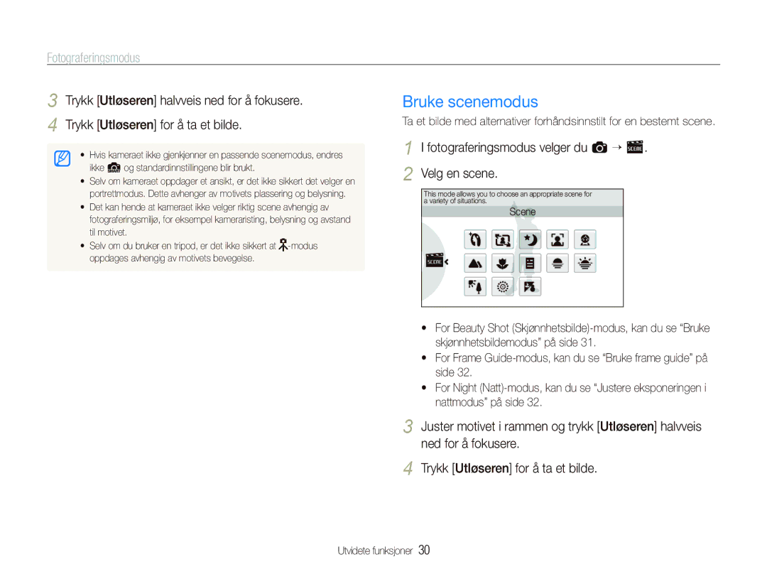 Samsung EC-ST5000BPAE2, EC-ST500ZBPRE2 manual Bruke scenemodus, Fotograferingsmodus velger du a ““s Velg en scene 