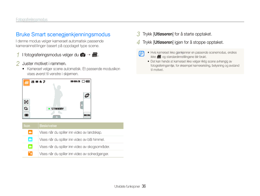 Samsung EC-ST500ZBPUE2, EC-ST500ZBPRE2, EC-ST5000BPAE2 manual Bruke Smart scenegjenkjenningsmodus, Juster motivet i rammen 