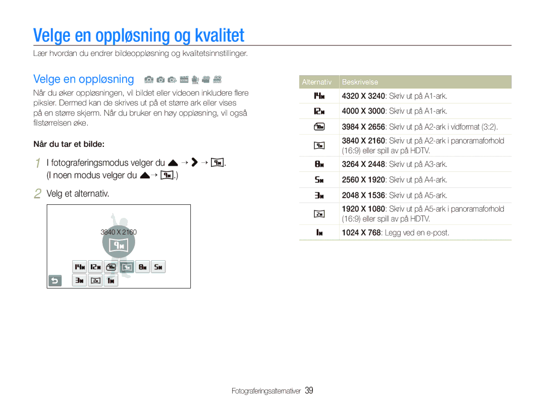 Samsung EC-ST500ZBPRE2, EC-ST5000BPAE2 manual Velge en oppløsning og kvalitet, Velge en oppløsning S a p s d v D, Alternativ 