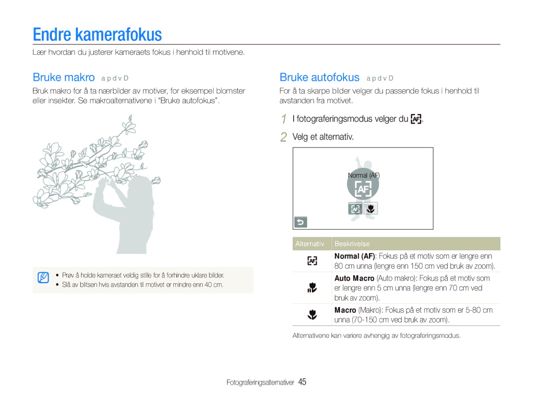 Samsung EC-ST5000BPAE2, EC-ST500ZBPRE2, EC-ST500ZBPUE2 Endre kamerafokus, Bruke makro a p d v D, Bruke autofokus a p d v D 