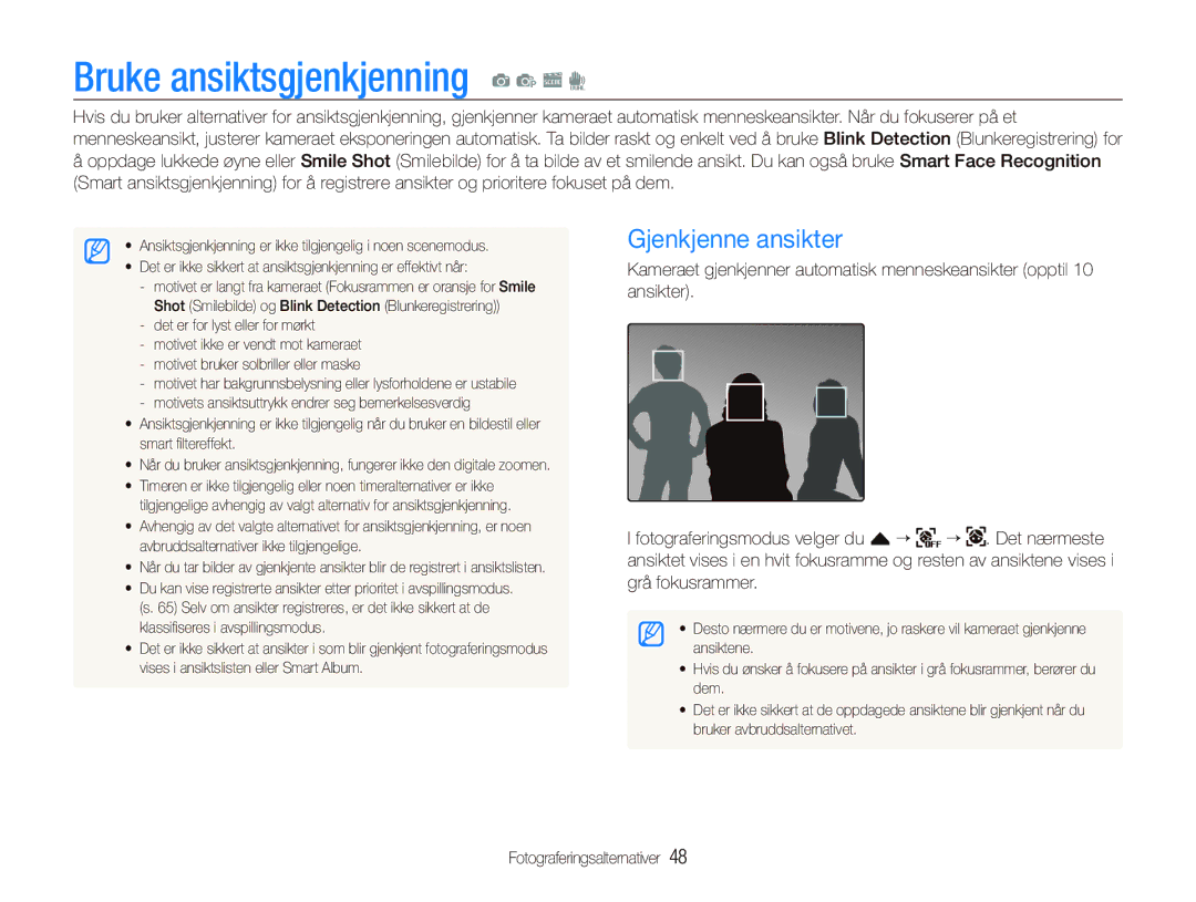 Samsung EC-ST500ZBPSE2, EC-ST500ZBPRE2, EC-ST5000BPAE2 manual Bruke ansiktsgjenkjenning a p s d, Gjenkjenne ansikter 