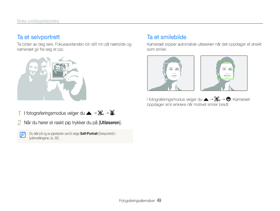 Samsung EC-ST500ZBPRE2, EC-ST5000BPAE2, EC-ST500ZBPUE2 manual Ta et selvportrett, Ta et smilebilde, Bruke ansiktsgjenkjenning 