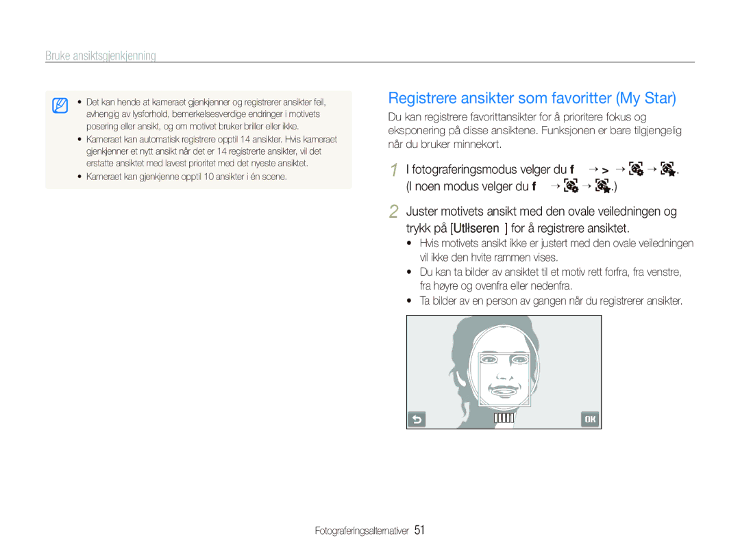 Samsung EC-ST500ZBPUE2, EC-ST500ZBPRE2, EC-ST5000BPAE2, EC-ST5000BPBE2 manual Registrere ansikter som favoritter My Star 