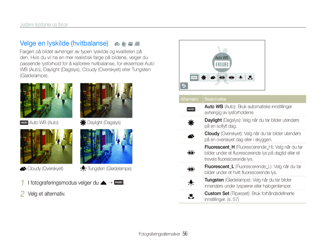 Samsung EC-ST500ZBPUE2 manual Velge en lyskilde hvitbalanse p d v D, Fotograferingsmodus velger du f ““ Velg et alternativ 