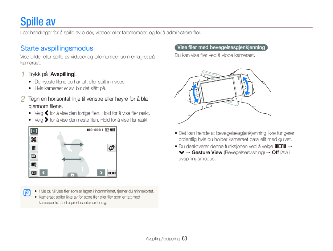 Samsung EC-ST500ZBPSE2 manual Spille av, Starte avspillingsmodus, Trykk på Avspilling, Vise ﬁler med bevegelsesgjenkjenning 