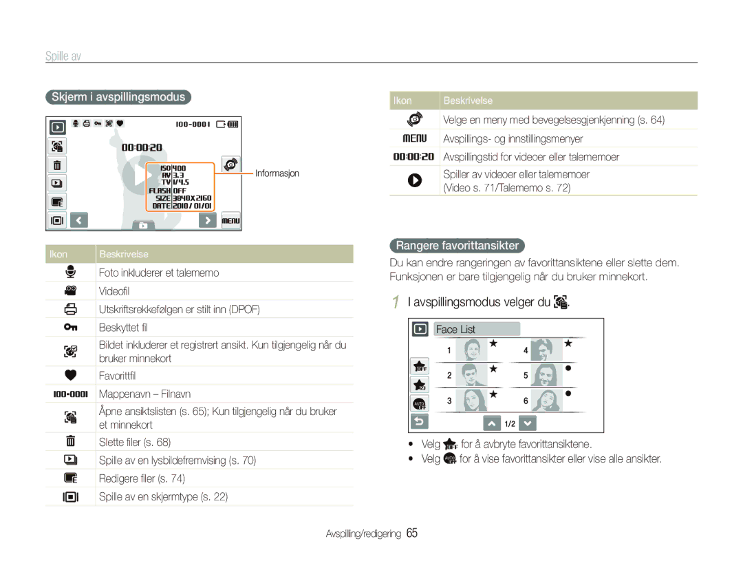 Samsung EC-ST5000BPAE2 manual Skjerm i avspillingsmodus, Rangere favorittansikter, Avspillingsmodus velger du Face List 