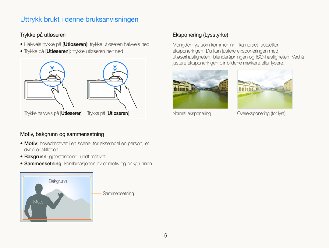 Samsung EC-ST500ZBPUE2 manual Uttrykk brukt i denne bruksanvisningen, Trykke på utløseren, Motiv, bakgrunn og sammensetning 