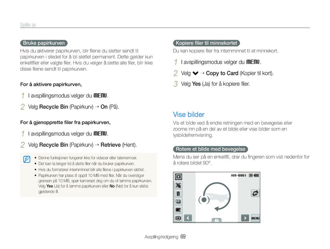 Samsung EC-ST500ZBPRE2 manual Vise bilder, Bruke papirkurven, Kopiere ﬁler til minnekortet, Rotere et bilde med bevegelse 